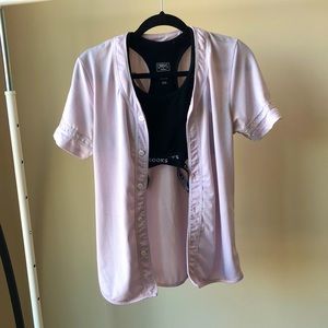 Crooks & Castles pink baseball top and black sports bra!